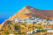 View of Chora village built on a cliff above the sea, Chora, Folegandros Island, Cyclades Islands, Greek Islands, Greece, Europe