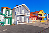 Traditional wooden striped houses, Costa Nova do Prado, Aveiro, Portugal, Europe