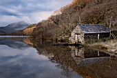 Early morning mist clearing from Llyn Dinas, Nant Gwynant, Snowdonia National Park, Eryri, North Wales, United Kingdom, Europe