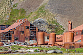 Views of the abandoned whaling station at Stromness Harbor on South Georgia Island, Southern Ocean