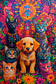 AI generated image of Puppies dogs and cats in a colorful flower setting