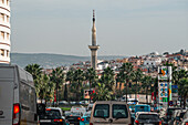 Traffic on the streets of Place de la Ligue Arabe and Syrian Mosque, Tangier, Morocco