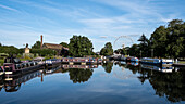 Scenic view of Bancroft Basin on a sunny day, Stratford-upon-Avon, Warwickshire, England, United Kingdom