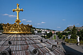 View from roof of Rosary Basilica at Sanctuary of Our Lady of Lourdes, Lourdes, Hautes-Pyrenees, Occitanie, France