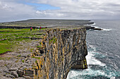 Cliffs viewed from Dun Aengus, prehistoric hill fort, Inishmore, largest of the Aran Islands, Galway Bay, County Galway, Connacht, Republic of Ireland