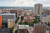 High angle view on Downtown from the Magnolia Hotel rooftop, 1100 Texas Avenue, Houston, Texas, United States of America