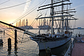 Großes Schiff Elissa, 1877, Dreimast-Bark im Hafen von Galveston bei Sonnenuntergang, Galveston island, Golf von Mexiko, Texas, Vereinigte Staaten von Amerika