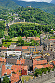 The Castles and town of Bellizona seen from Castelgrande, Canton Ticino, Switzerland