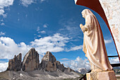 Statue at a corner of the Mountain Hut A.Locatelli-S.Innerkofler, Three Peaks Nature Park, Dolomites, South Tyrol (Alto Adige), Italy