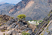 Al Hajir seen from track (Al Barida Road) on western slope of Djebel Ahkdar below Sharaf al Alamayn Pass, 2036m, Oman, Arabian Peninsula