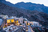 Sama Wakan Heritage hotel by night, Wakan village, Western Hajar Mountains, South Batinah and Al Dakhiliyah Governorates, Oman, Arabian Peninsula