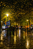 Woman holding umbrella at night in rain in Paris, France