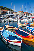 Traditional colourful fishing boats moored in Port de Nice, UNESCO, Alpes Maritimes, French Riviera, Provence, France