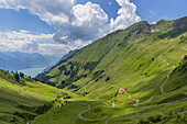 Brienz Rothorn railway climbing up from Lake Brienz, Brienz, Bernese Oberland, Switzerland