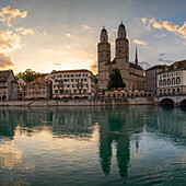 Grossmunster and Limmat River at sunrise, Zurich, Switzerland