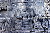 Bas-relief of life of Buddha, Borobudur, 9th-century Mahayana Buddhist temple, UNESCO, Java, Indonesia