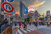 View of people at the world's busiest road crossing, Shibuya Scramble Crossing at sunset, Minato City, Tokyo, Honshu, Japan