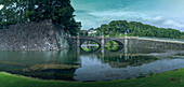 View of Nijubashi bridge over the moat, The Imperial Palace of Tokyo, Tokyo, Honshu, Japan