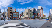 View of shops, buildings and crossings in Asakusa, Taito City, Tokyo, Honshu, Japan