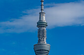 Blick auf den Tokyo Skytree vor blauem Himmel, Asakusa, Taito City, Tokio, Honshu, Japan