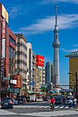 View of colourful shops, buildings and Tokyo Skytree, Asakusa, Taito City, Tokyo, Honshu, Japan