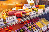 View of traditional Japanese sweets in shop window, Asakusa, Taito City, Tokyo, Honshu, Japan