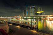 Blick auf den Tokyo Skytree, die Azuma-Brücke und den Sumida-Fluss bei Nacht, Asakusa, Taito City, Tokio, Honshu, Japan