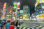 View of Kabukicho neon lit street and crossings at night, Shinjuku City, Kabukicho, Tokyo, Honshu, Japan