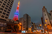 View of Tokyo Tower and city buildings at night, Minato City, Tokyo, Honshu, Japan