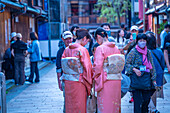 View of young ladies wearing Kimonos in the Higashi Chaya District, Kanazawa City, Ishikawa Prefecture, Honshu, Japan