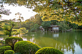 View of Kasumiga-ike Pond  in Kenrokumachi Japanese Garden, Kanazawa City, Ishikawa Prefecture, Honshu, Japan