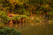 View of Hisago-ike Pond and waterfall in Kenrokumachi Japanese Garden, Kanazawa City, Ishikawa Prefecture, Honshu, Japan