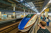 View of bullet train in Kanazawa Station, Kanazawa City, Ishikawa Prefecture, Honshu, Japan