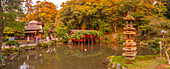 View of Hisago-ike Pond and Kaiseki Pagoda in Kenrokumachi Japanese Garden, Kanazawa City, Ishikawa Prefecture, Honshu, Japan