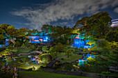 View of Mokukyo Japanese Garden illuminated at dusk, Kanazawa City, Ishikawa Prefecture, Honshu, Japan