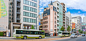 View of city buses on major street during daytime, Hondori, Naka Ward, Hiroshima, Honshu, Japan