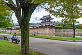 View of Omotegomon (Main Gate) and moat, entrance to Hiroshima Castle, Motomachi, Naka Ward, Hiroshima, Honshu, Japan