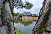 View of Omotegomon (Main Gate) and moat, entrance to Hiroshima Castle, Motomachi, Naka Ward, Hiroshima, Honshu, Japan