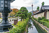 View of Nidec Kyoto Tower from Higashi Hongan-ji Temple, Shimogyo Ward, Higashishiokoji Kamadonocho, Kyoto, Honshu, Japan