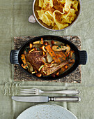 Riesling chicken with autumn mushrooms on tagliatelle with buttered breadcrumbs