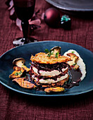 Red cabbage and r�sti tower with Jerusalem artichoke pur�e and king oyster mushrooms