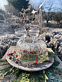 Deko aus Teller mit Hagebutten und Zweigen bedeckt von Schale aus Eis mit Gläsern im winterlichen Garten