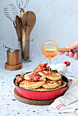 Cheese pancakes with bacon and honey