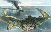 Volcano erupting on Thera, Santorini, 1866, illustration
