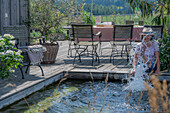Schwimmteich und Sitzplatz auf sommerlicher Terrasse mit Olivenbaum und Hortensie im Topf 
