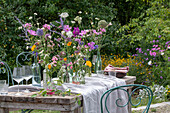 Gedeckter Tisch mit Blumenschmuck, Ringelblume (Calendula), Kosmee (Cosmos), Flammenblume (Phlox), Skabiose, Kugellauch (Allium) in Vasen