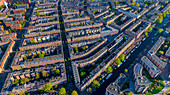 Panoramic aerial view of colourful buildings in Amsterdam west district among the canals,The Netherlands