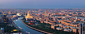 Aerial panoramic view of Moscow downtown with residential areas along the Moskva River at sunrise,Moscow,Moscow Oblast,Russia