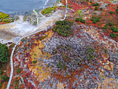 Luftaufnahme des farbenfrohen Herbstlaubs und der geothermischen Eigenschaften in der Caldera Uzon, Kronotsky National Park, Kamtschatka Halbinsel, Russland