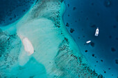 Aerial view of sailing boats along Vaavu Atoll on Maldives archipelagos